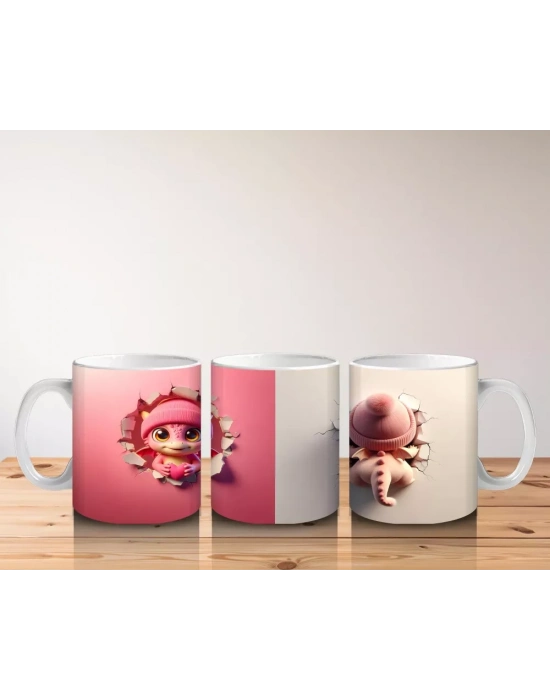 Kalplerle Süslenmiş Pembe Bere Takan Dinozor Yavrusu (Çift Görünüm) - Baskılı kahve kupası