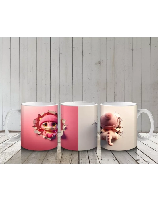 Kalplerle Süslenmiş Pembe Bere Takan Dinozor Yavrusu (Çift Görünüm) - Baskılı kahve kupası