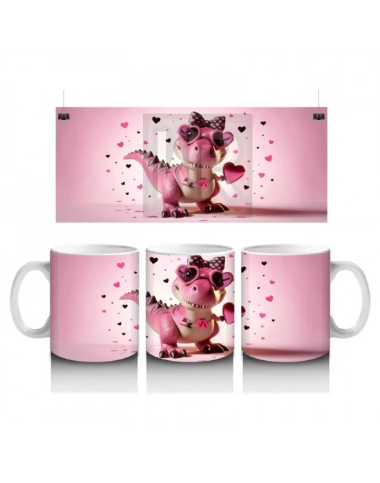 Kalplerle Süslenmiş Pembe Dinozor – Baskılı Kahve Kupası