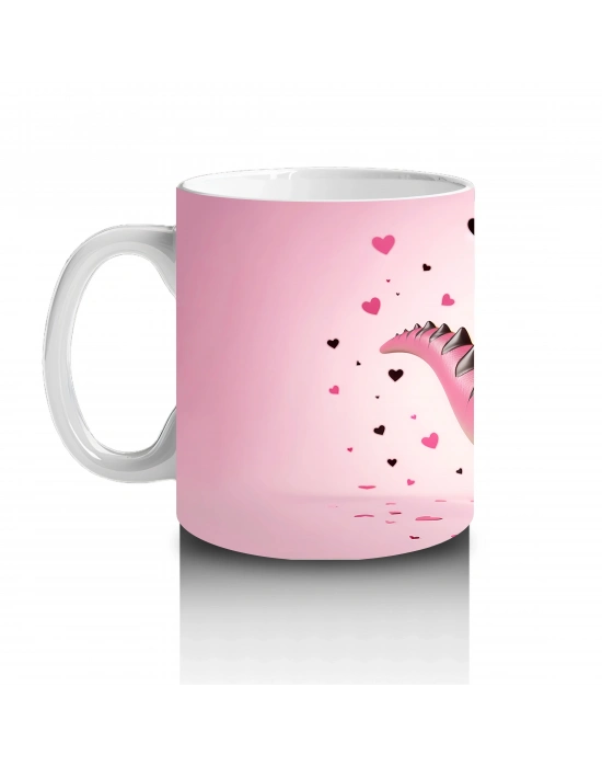 Kalplerle Süslenmiş Pembe Dinozor – Baskılı Kahve Kupası