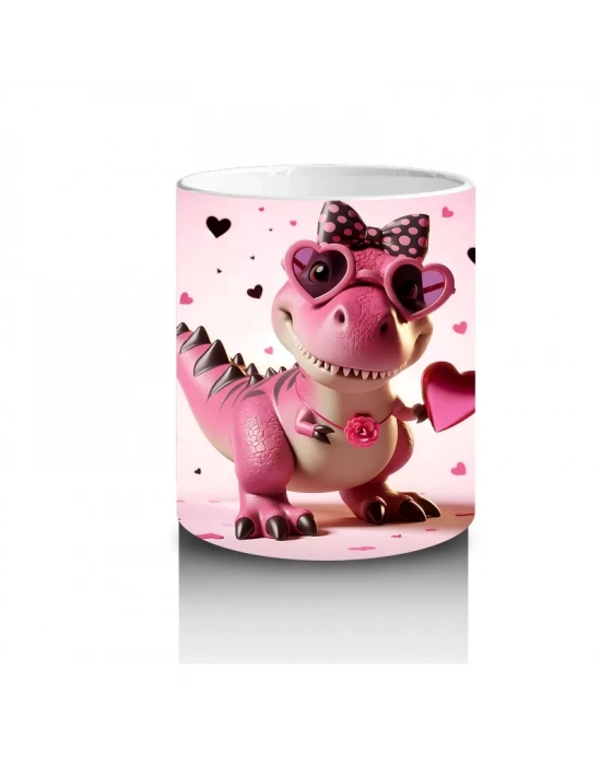 Kalplerle Süslenmiş Pembe Dinozor – Baskılı Kahve Kupası