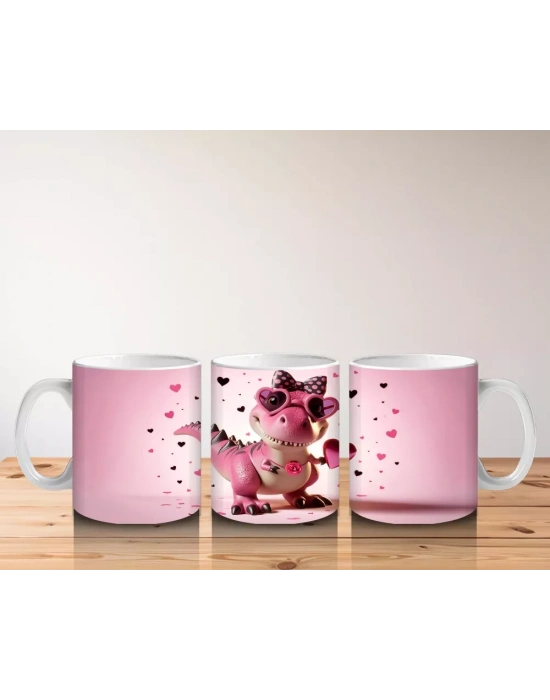 Kalplerle Süslenmiş Pembe Dinozor – Baskılı Kahve Kupası