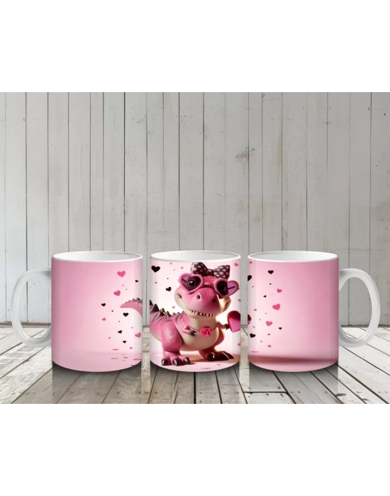 Kalplerle Süslenmiş Pembe Dinozor – Baskılı Kahve Kupası