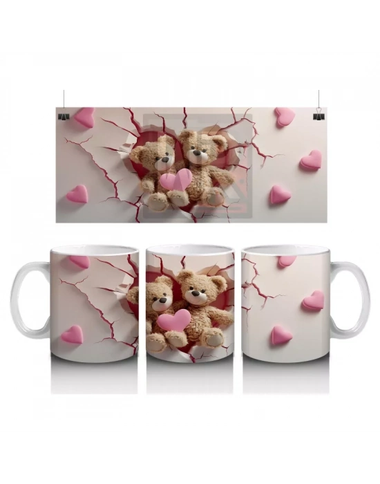 Kalplerle Süslenmiş Sarılan Ayıcıklar – Baskılı Kahve Kupası