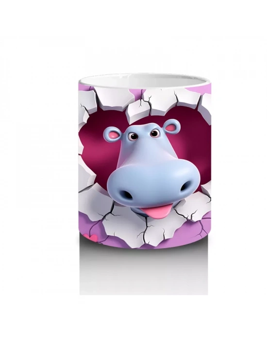 Kalplerle Süslenmiş Sevimli İnek Figürü - Baskılı Kahve Kupası