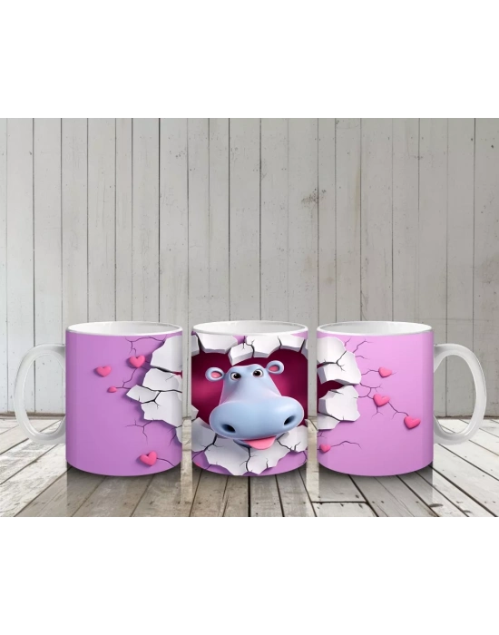 Kalplerle Süslenmiş Sevimli İnek Figürü - Baskılı Kahve Kupası