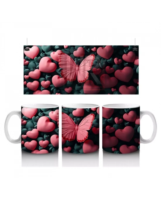 Kalpli Arka Planda Doku Üzerine Konmuş Kırmızı Kelebek - Baskılı kahve kupası