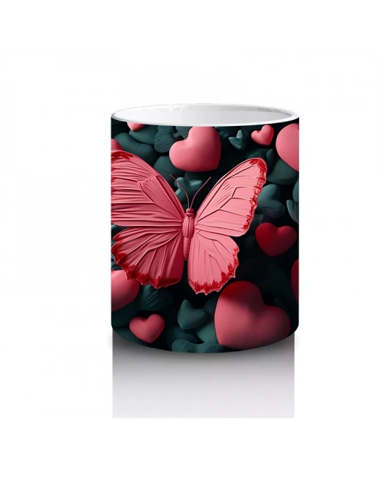 Kalpli Arka Planda Doku Üzerine Konmuş Kırmızı Kelebek - Baskılı kahve kupası