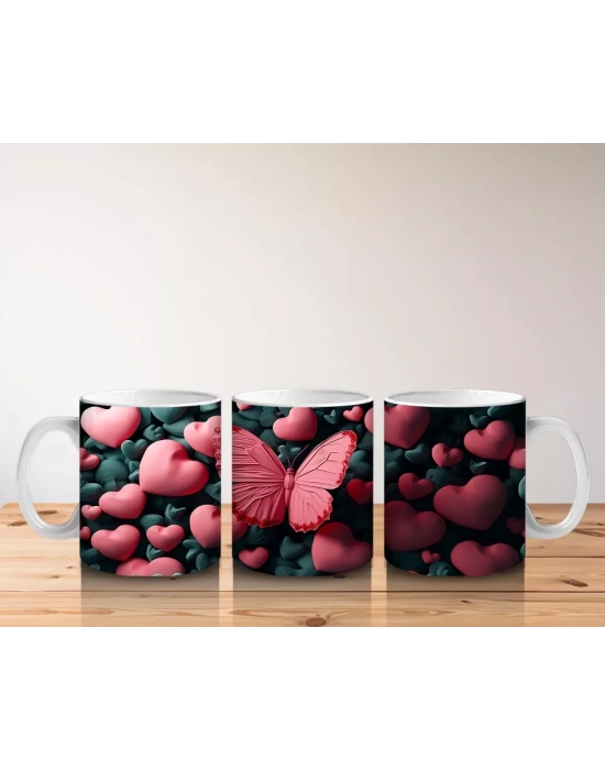 Kalpli Arka Planda Doku Üzerine Konmuş Kırmızı Kelebek - Baskılı kahve kupası