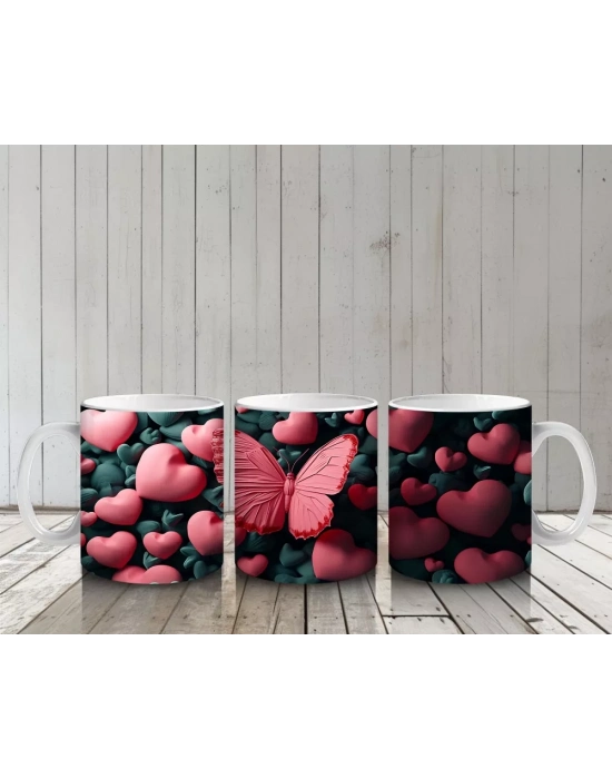 Kalpli Arka Planda Doku Üzerine Konmuş Kırmızı Kelebek - Baskılı kahve kupası