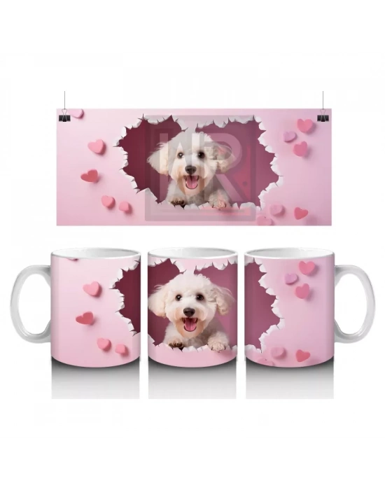 Kalpli Arka Planda Gülümseyen Sevimli Beyaz Köpek - Baskılı kahve kupası