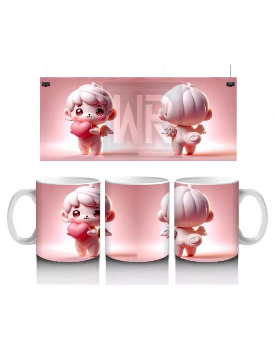 Kalpli Arka Planda İkiz Sevimli Figürler – Baskılı Kahve Kupası