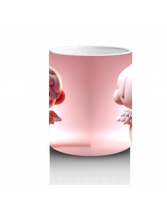 Kalpli Arka Planda İkiz Sevimli Figürler – Baskılı Kahve Kupası