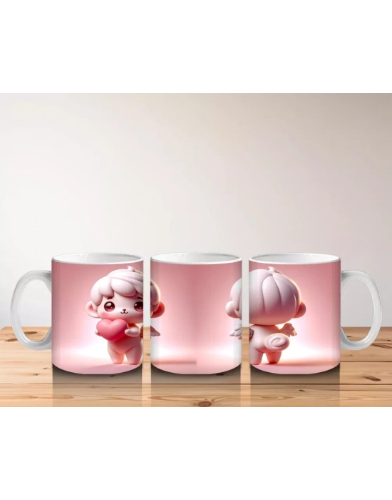 Kalpli Arka Planda İkiz Sevimli Figürler – Baskılı Kahve Kupası