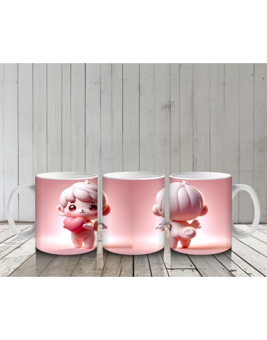 Kalpli Arka Planda İkiz Sevimli Figürler – Baskılı Kahve Kupası