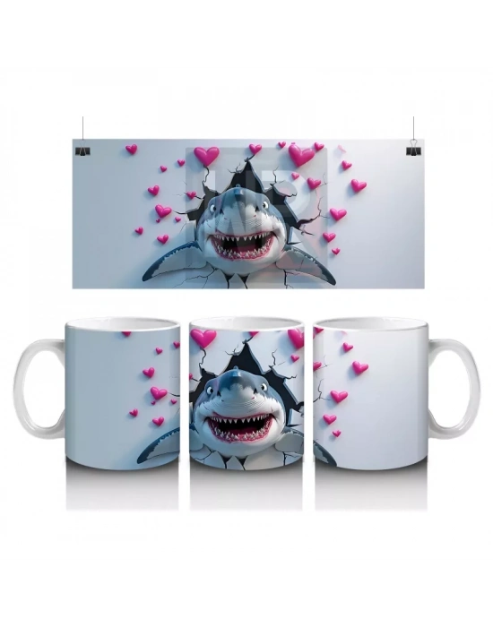 Kalpli Arka Planda Neşeli Köpekbalığı - Baskılı Kahve Kupası