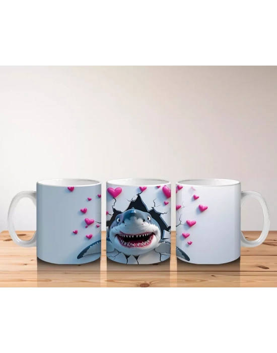 Kalpli Arka Planda Neşeli Köpekbalığı - Baskılı Kahve Kupası