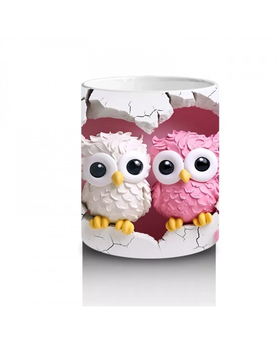 Kalpli Arka Planda Renkli Baykuş Çifti – Baskılı Kahve Kupası