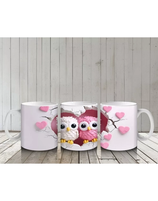 Kalpli Arka Planda Renkli Baykuş Çifti – Baskılı Kahve Kupası