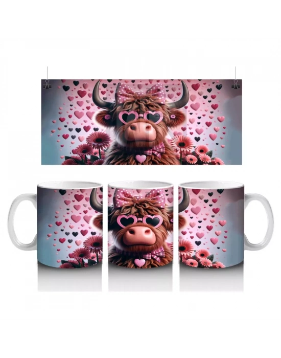 Kalpli Arka Planda Şapkalı Sevimli Buzağı – Baskılı Kahve Kupası