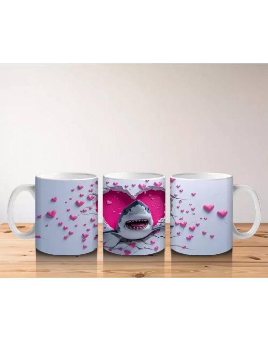 Kalpli Arka Planda Sevimli Köpekbalığı Figürü - Baskılı kahve kupası