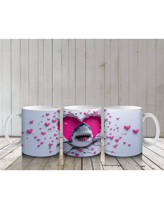 Kalpli Arka Planda Sevimli Köpekbalığı Figürü - Baskılı kahve kupası