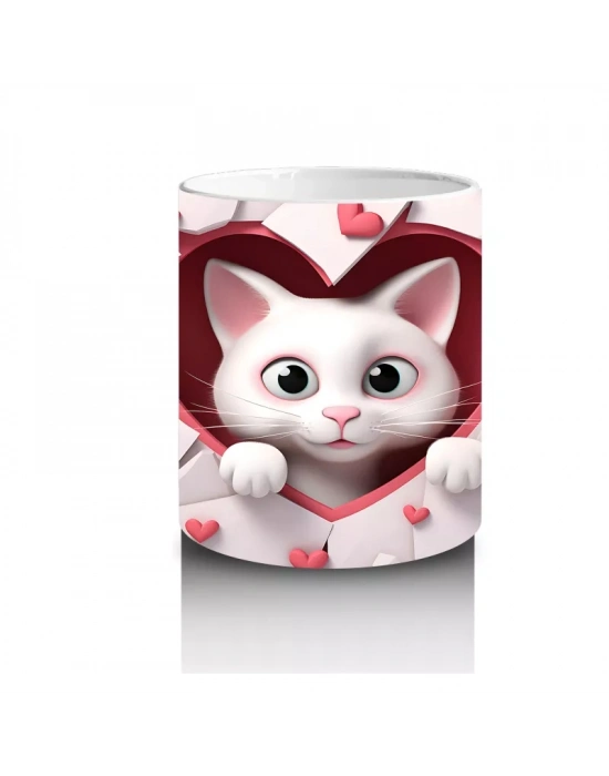 Kalpli Arka Planda Tatlı Kedi Figürü – Baskılı Kupa