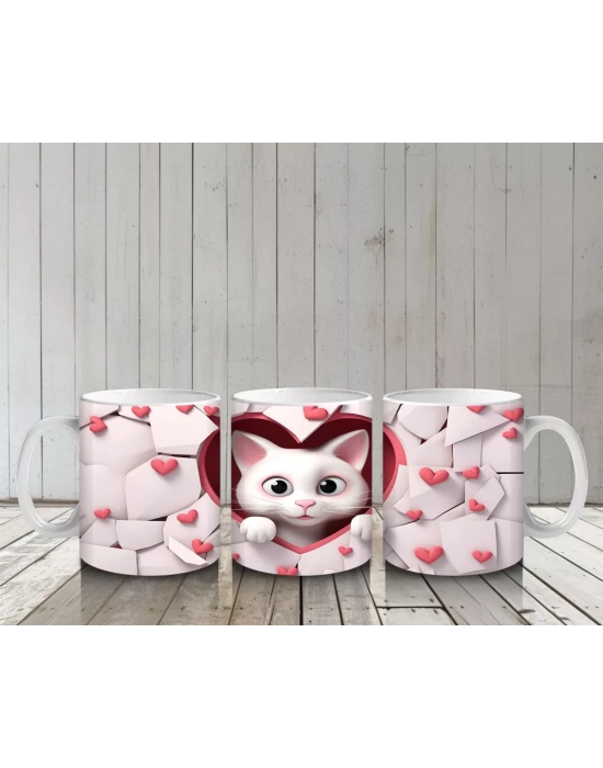 Kalpli Arka Planda Tatlı Kedi Figürü – Baskılı Kupa