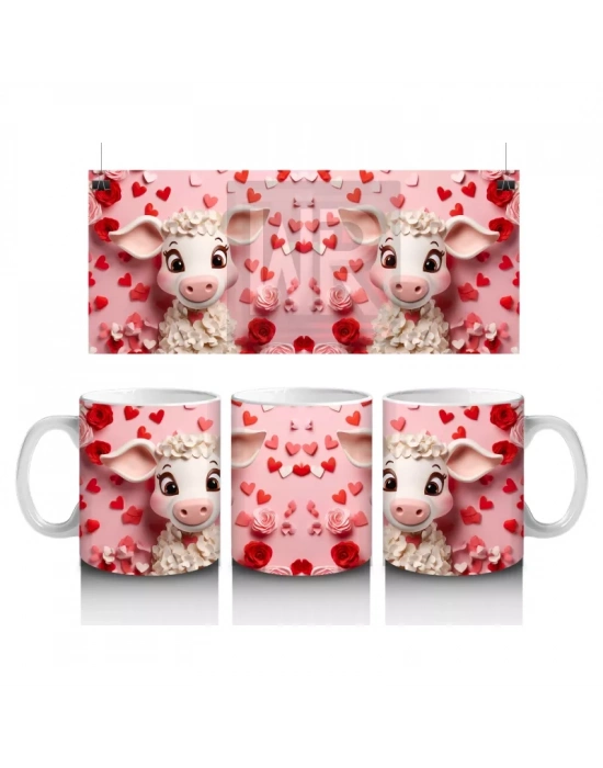 Kalpli Arka Planlı Sevimli Kuzu Tasarımı - Baskılı kahve kupası