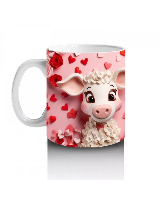 Kalpli Arka Planlı Sevimli Kuzu Tasarımı - Baskılı kahve kupası