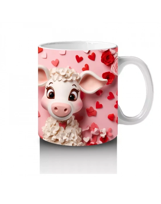 Kalpli Arka Planlı Sevimli Kuzu Tasarımı - Baskılı kahve kupası