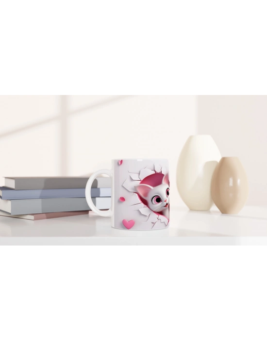 Kalpli Çatlak Desenli Sevimli Kedi Çiftleri Temalı Baskılı Kupa Bardak