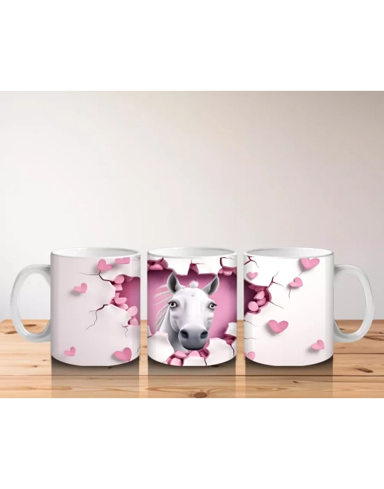 Kalpli Çatlak Duvar Arasından Bakan Beyaz At Figürü - Baskılı kahve kupası