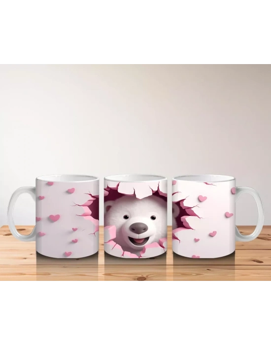 Kalpli Çatlak Duvar Önünde Sevimli Ayı – Baskılı Kahve Kupası