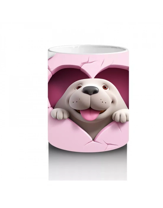 Kalpli Çatlak Zeminden Bakan Sevimli Beyaz Köpek - Baskılı kahve kupası