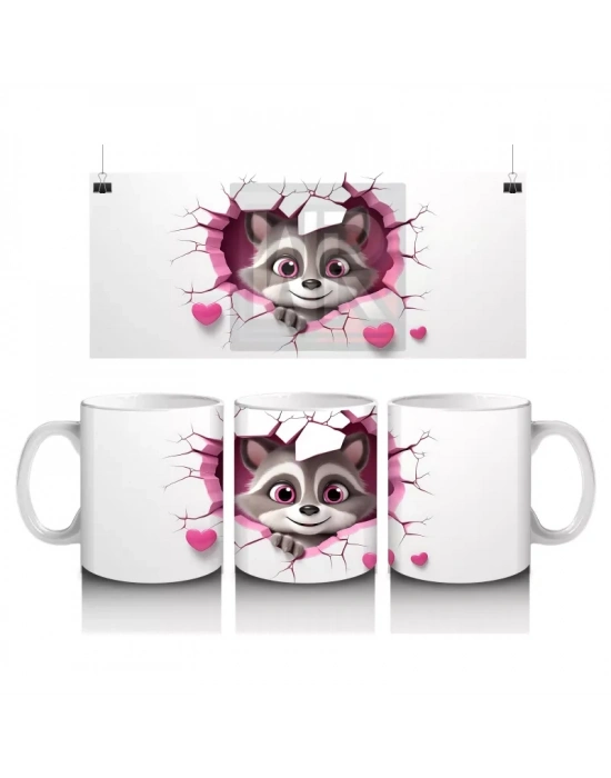 Kalpli Çatlaklı Duvar Önünde Sevimli Rakun – Baskılı Kahve Kupası