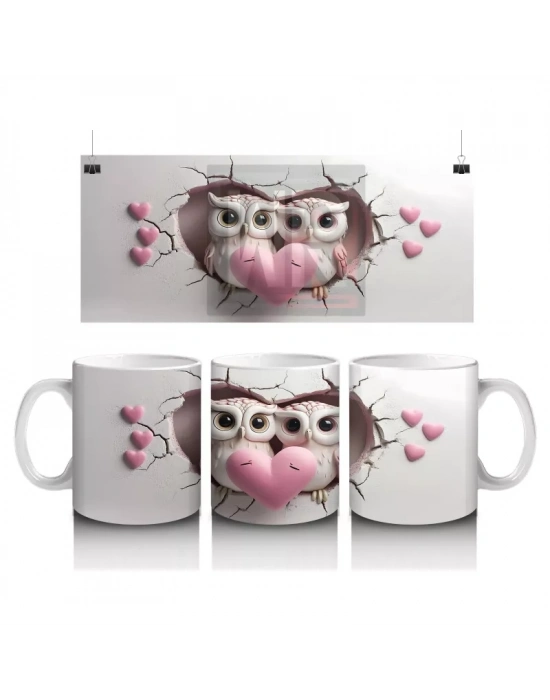 Kalpli Çatlakta Aşk Dolu Baykuş Çifti – Baskılı Kahve Kupası