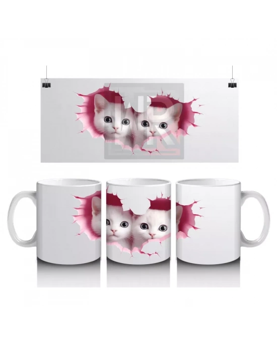 Kalpli Çatlakta Bakan İki Sevimli Kedi – Baskılı Kahve Kupası