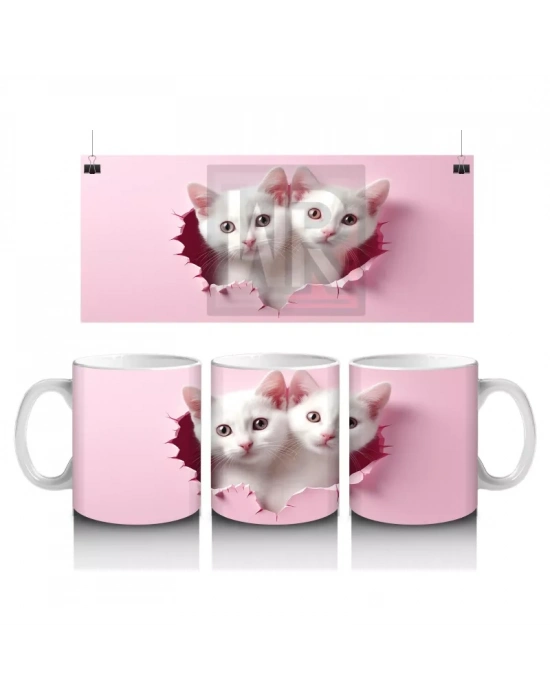 Kalpli Çatlakta Bakan Sevimli Beyaz Kedicikler – Baskılı Kahve Kupası