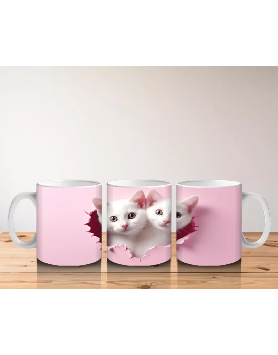 Kalpli Çatlakta Bakan Sevimli Beyaz Kedicikler – Baskılı Kahve Kupası