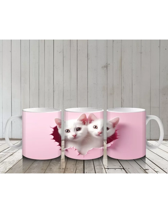 Kalpli Çatlakta Bakan Sevimli Beyaz Kedicikler – Baskılı Kahve Kupası