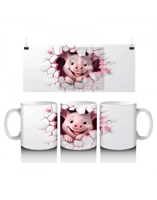 Kalpli Çatlakta Gülümseyen Pembe Domuzcuk – Baskılı Kahve Kupası