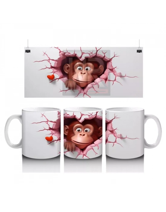 Kalpli Çatlakta Sevimli Maymun ve Minik Kalp – Baskılı Kahve Kupası