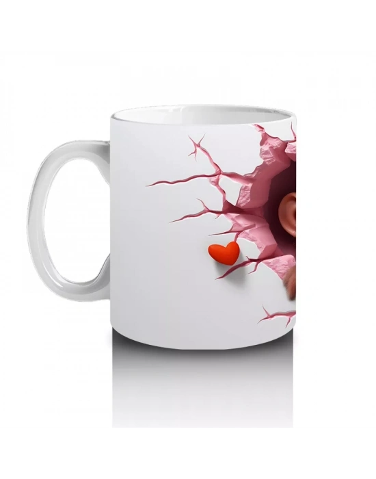 Kalpli Çatlakta Sevimli Maymun ve Minik Kalp – Baskılı Kahve Kupası