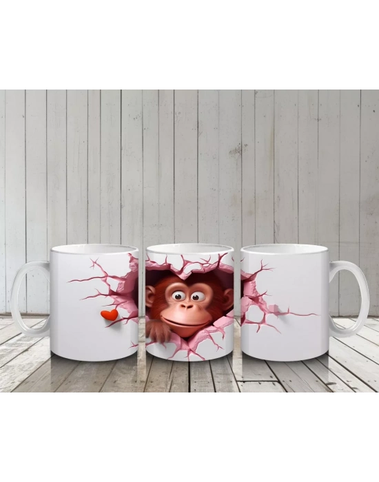 Kalpli Çatlakta Sevimli Maymun ve Minik Kalp – Baskılı Kahve Kupası