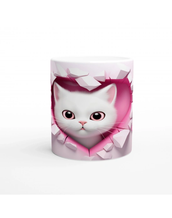 Kalpli Çatlaktan Bakan Pembe Gözlü Kedi Temalı Baskılı Kupa Bardak