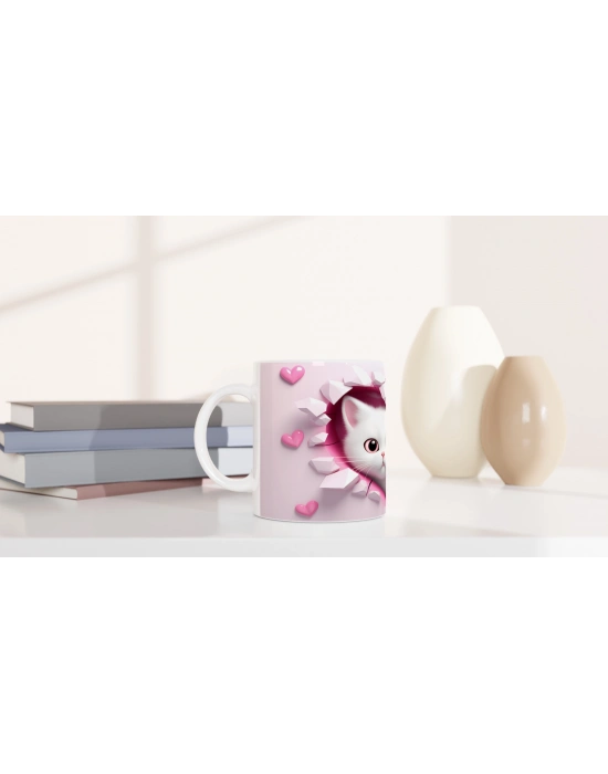 Kalpli Çatlaktan Bakan Pembe Gözlü Kedi Temalı Baskılı Kupa Bardak