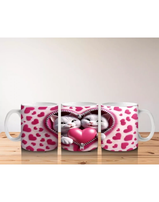 Kalpli Çerçevede Sarılmış İki Sevimli Kedi – Baskılı Kahve Kupası