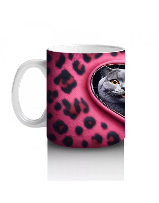 Kalpli Çerçevede Sarılmış Sevimli Gri Kedi Çifti - Baskılı kahve kupası