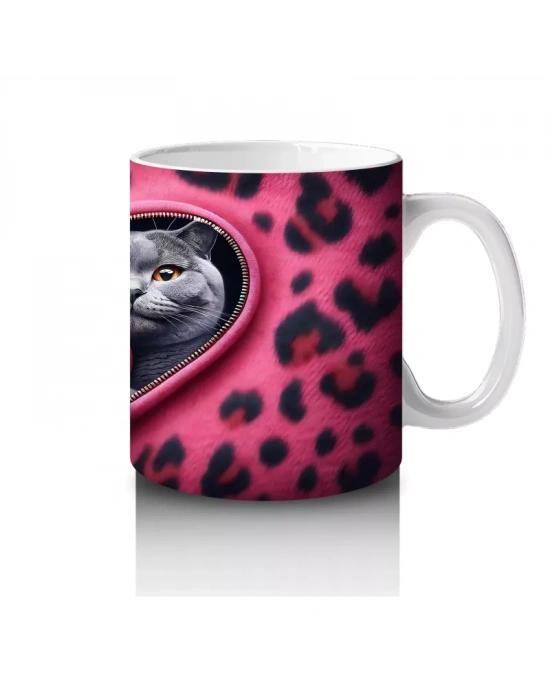 Kalpli Çerçevede Sarılmış Sevimli Gri Kedi Çifti - Baskılı kahve kupası